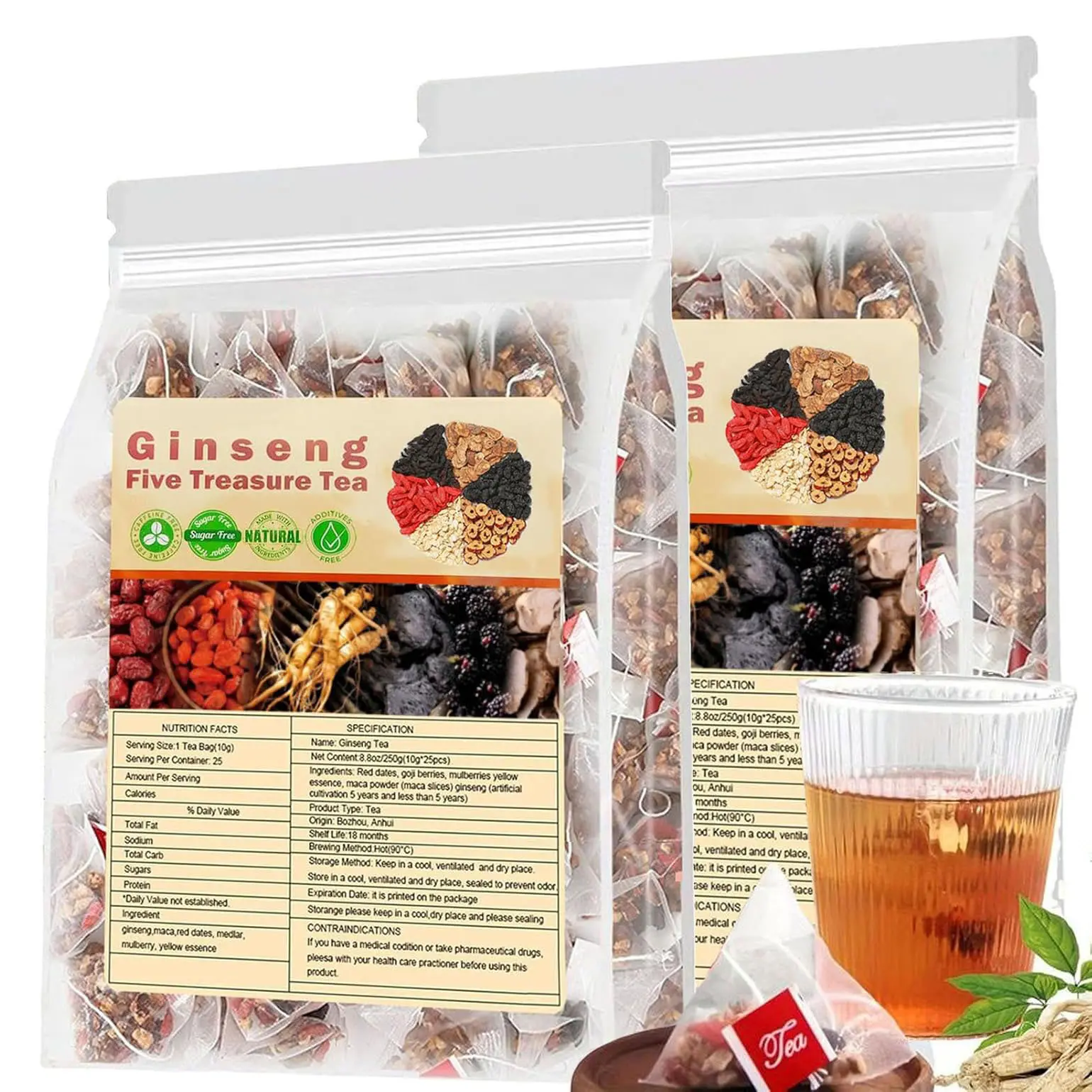 25bags Kidney tea formula Ginseng Five Treasure TeaCombination Scented Tea Eight Treasure Tea RedDate Wolfberry Tea Men's Tea Health TeaMulberry Herbal Formula Health Tea Beverage
