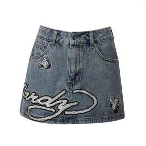 Women’s Vintage Denim Mini Skirt, Aesthetic Y2K Embroidery Jean Skirt for Casual Streetwear