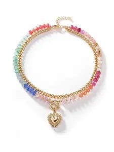 Colorful Acrylic Beaded Necklace For Women, Dainty Boho Necklace, Boho Double Layer Rainbow Beads Thick Cuban Chain Chunky Heart Pendant Statement Choker Summer Beach Jewelry Gift