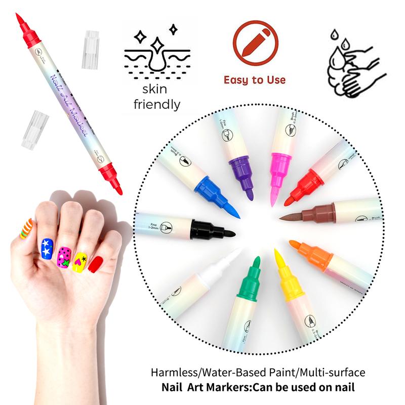 Double-Ended Nail Art Pens Set, Nail Polish Pens for Nail Art, Dual Tip, Nail Dotting Tool, Drawing Pen for Nail Design, Manicure Nail Pens for Salon and DIY at Home