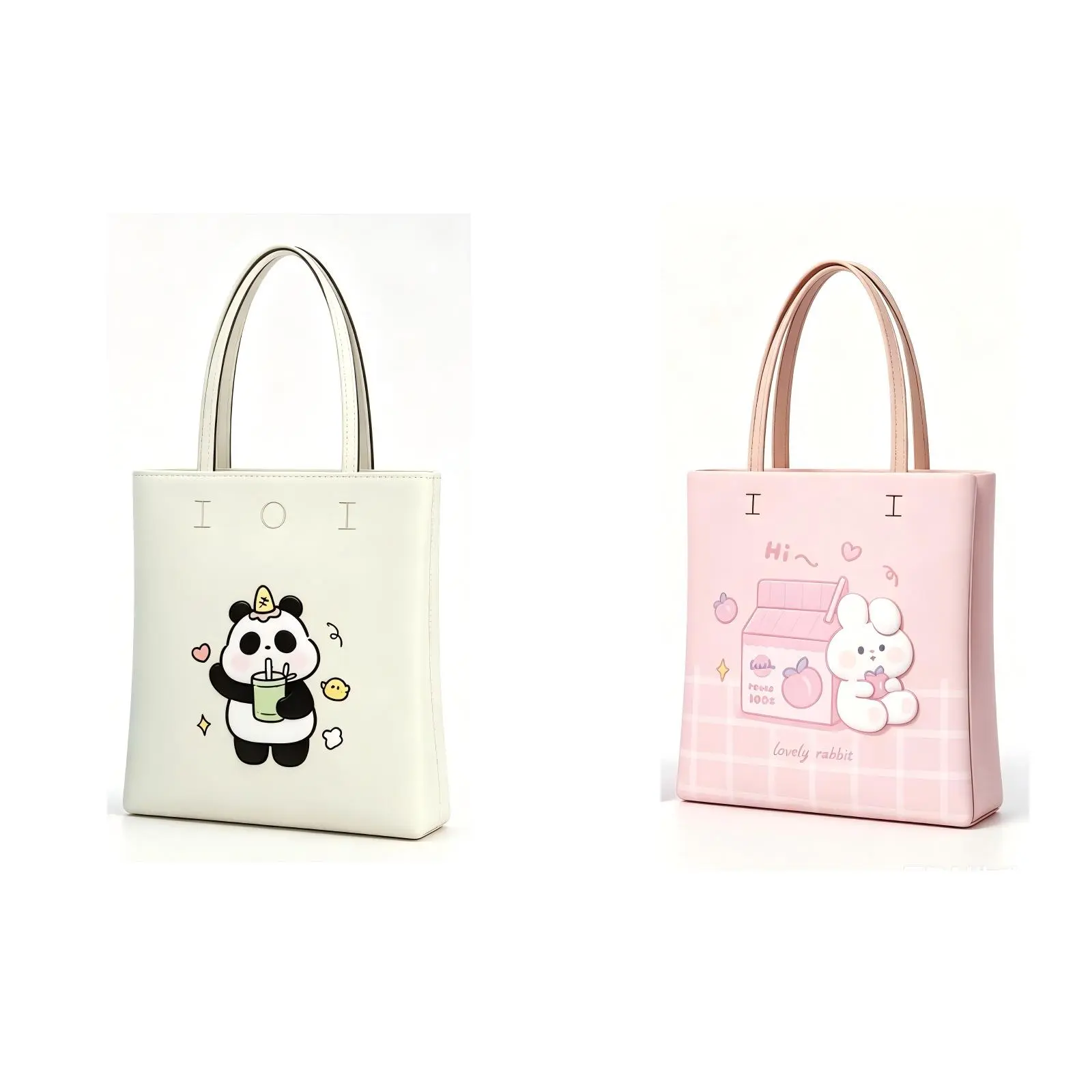 2Pcs Large Capacity Reusable Cartoon Tote Handbag, Sweet Panda Bunny Print Waterproof PU Shoulder Bag, Fashion Shopping Bag for Students Women Work Travel Grocery