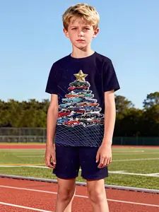 Car Stacked Christmas Tree Two-Piece Short Sleeve and Shorts Set, 100% Polyester Casual Loose Fit Outfit, Summer Fun Printed Pattern, Outdoor Sports T-Shirt Set, Perfect Gift for Boys