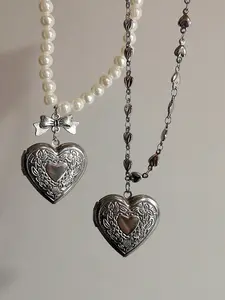2 Piece Set Gothic Harajuku Bow Heart Pendant Faux Pearl Necklace, Heart Shaped Necklace, Y2K 2000s Emo Vintage Punk Gothic Mystery Jewelry, Valentine's Day Gift for Women Girls