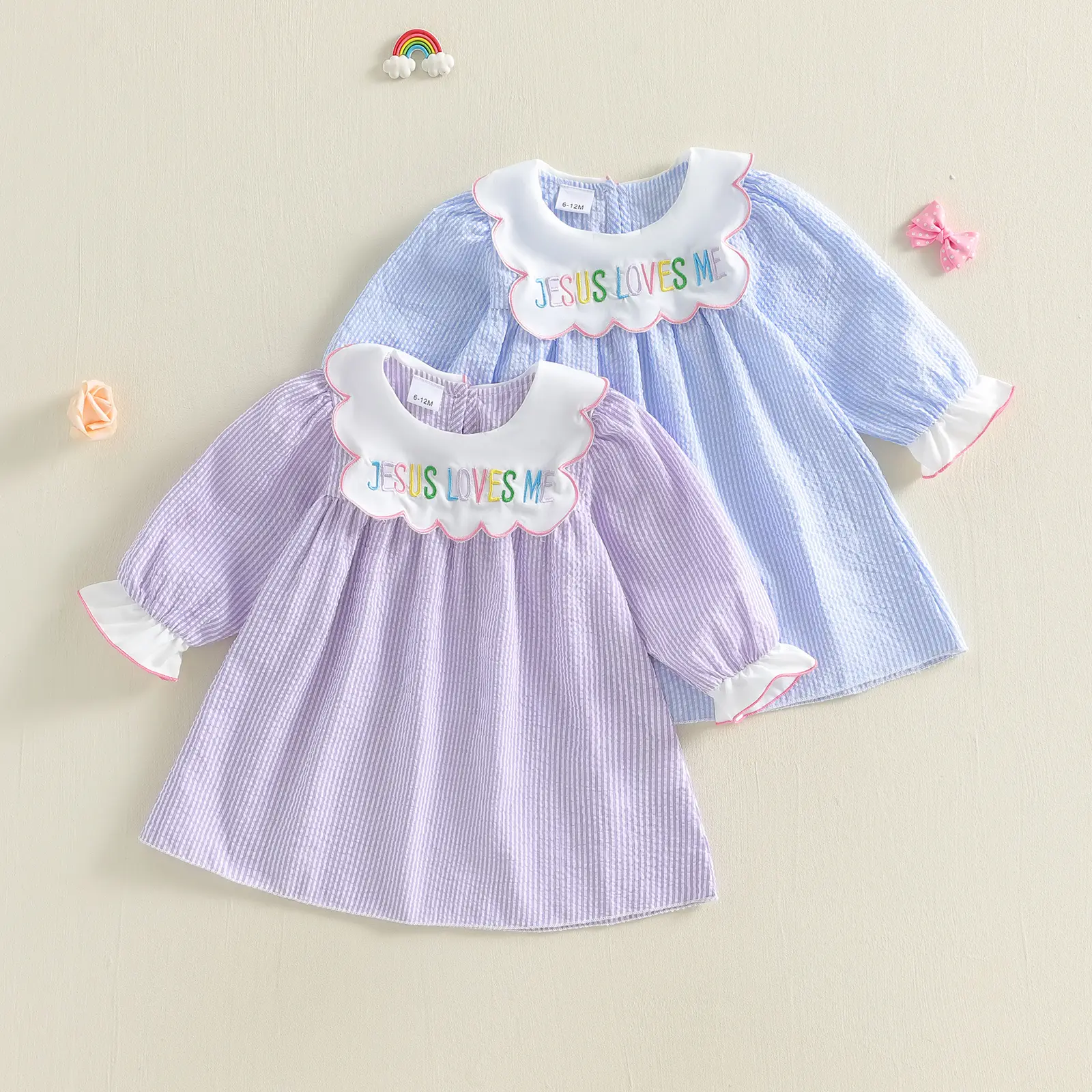 Afunbaby Toddler Baby Little Girls Easter Dress Cute Letters Embroidery Long Bubble Sleeve Striped Dress Spring Summer 1-7 Years