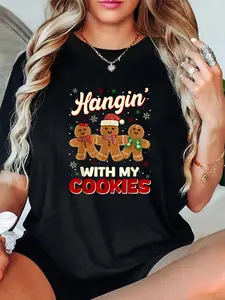 Women's Cute Casual Christmas T-Shirt - 100% Soft Breathable Cotton, Hangin' With My Cookies Gingerbread Print, Relaxed Fit Short Sleeve Everyday Top
