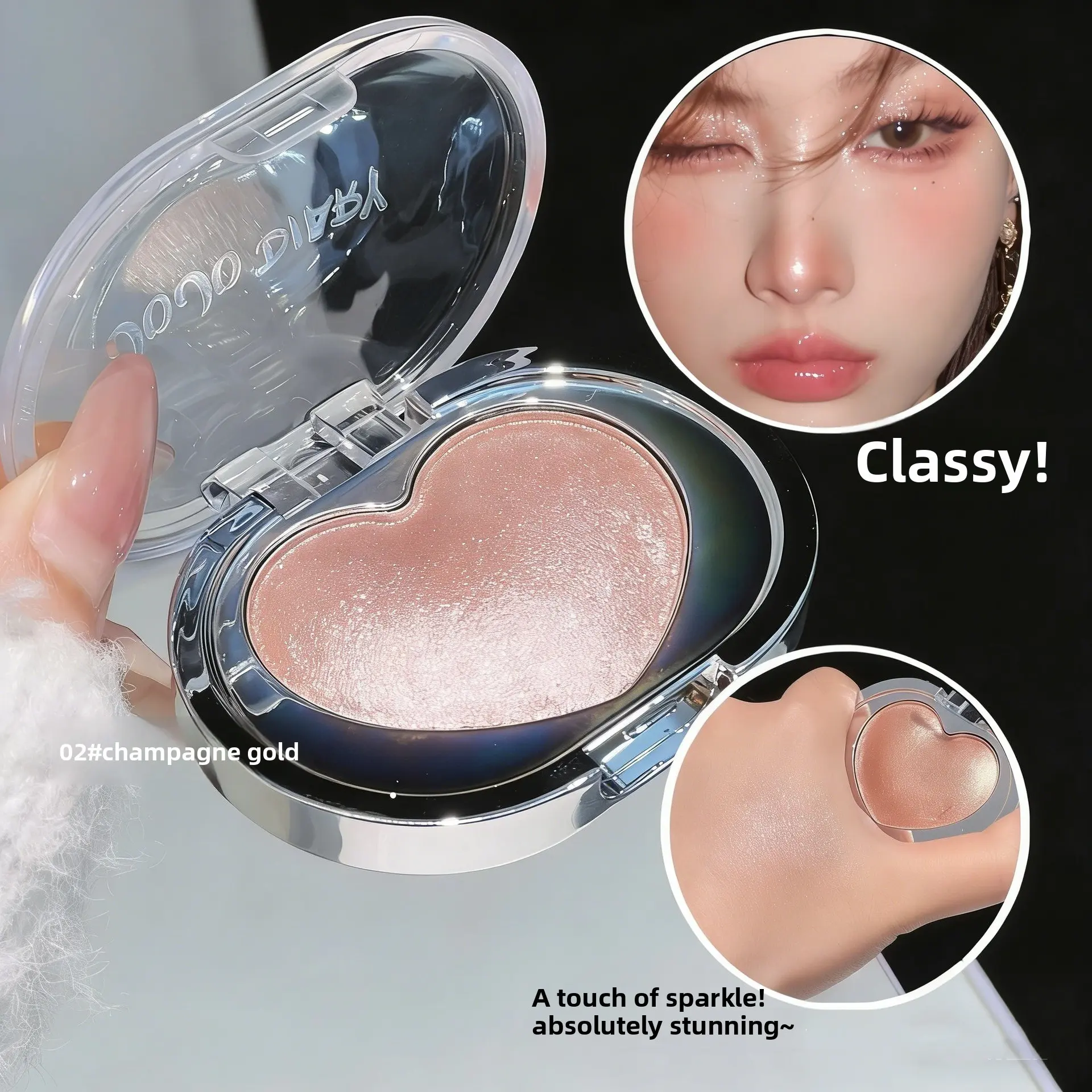 Heart-Shaped Glitter Glowy Highlighter Powder, Champagne Gold/Satin Pink/Silver Shimmer, Fine Pearl, Pearlescent Shine & Diamond Effect, Face Contour, Brightening & Glow Finish Makeup, Versatile for Daily & Stage Looks
