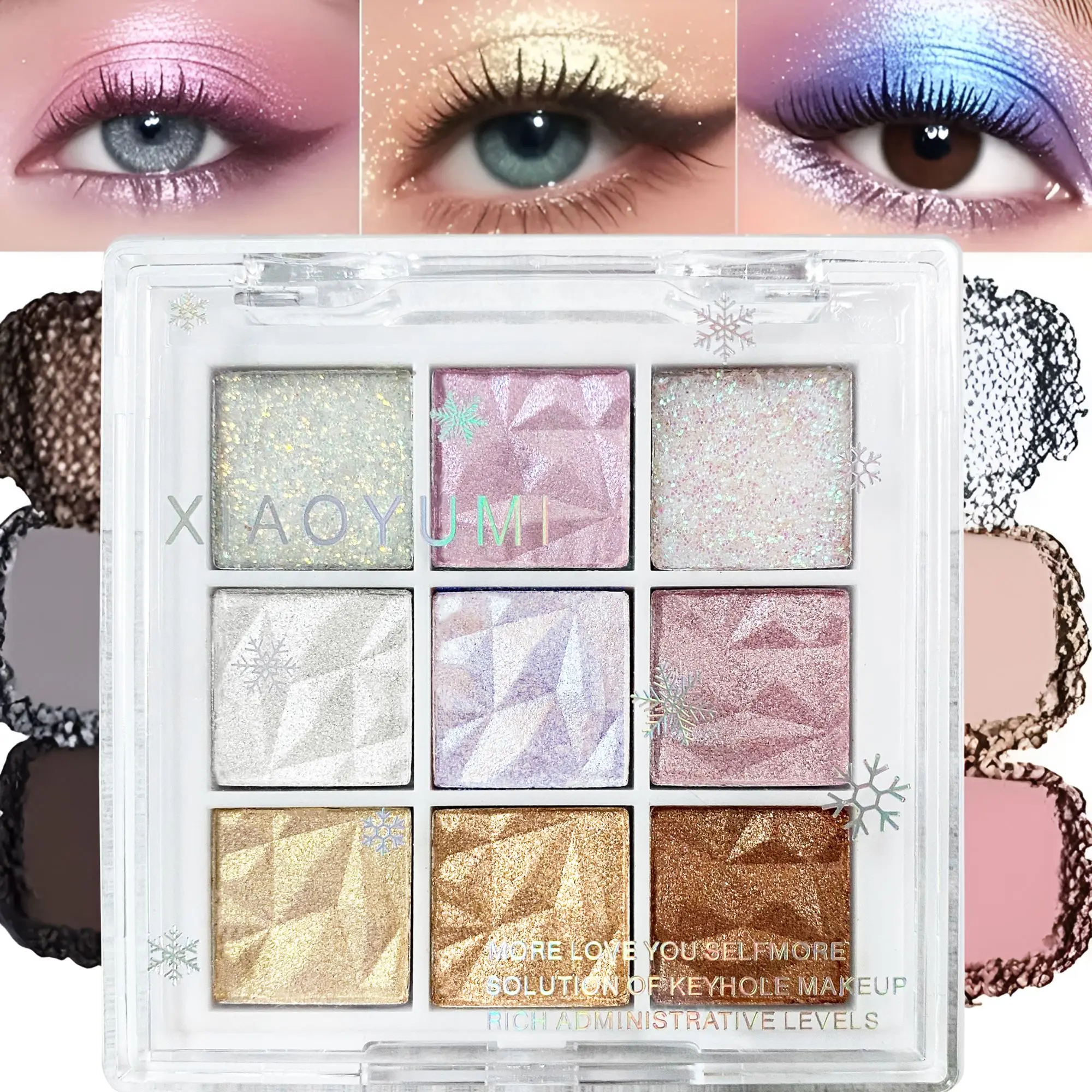 2-Piece Snowflake Series 9-Color Glitter Eyeshadow Set - Long Lasting Makeup with Nude, Pink Shimmer & Blue Multi-Chrome Shades, Beginner-Friendly Inner Corner Highlighter