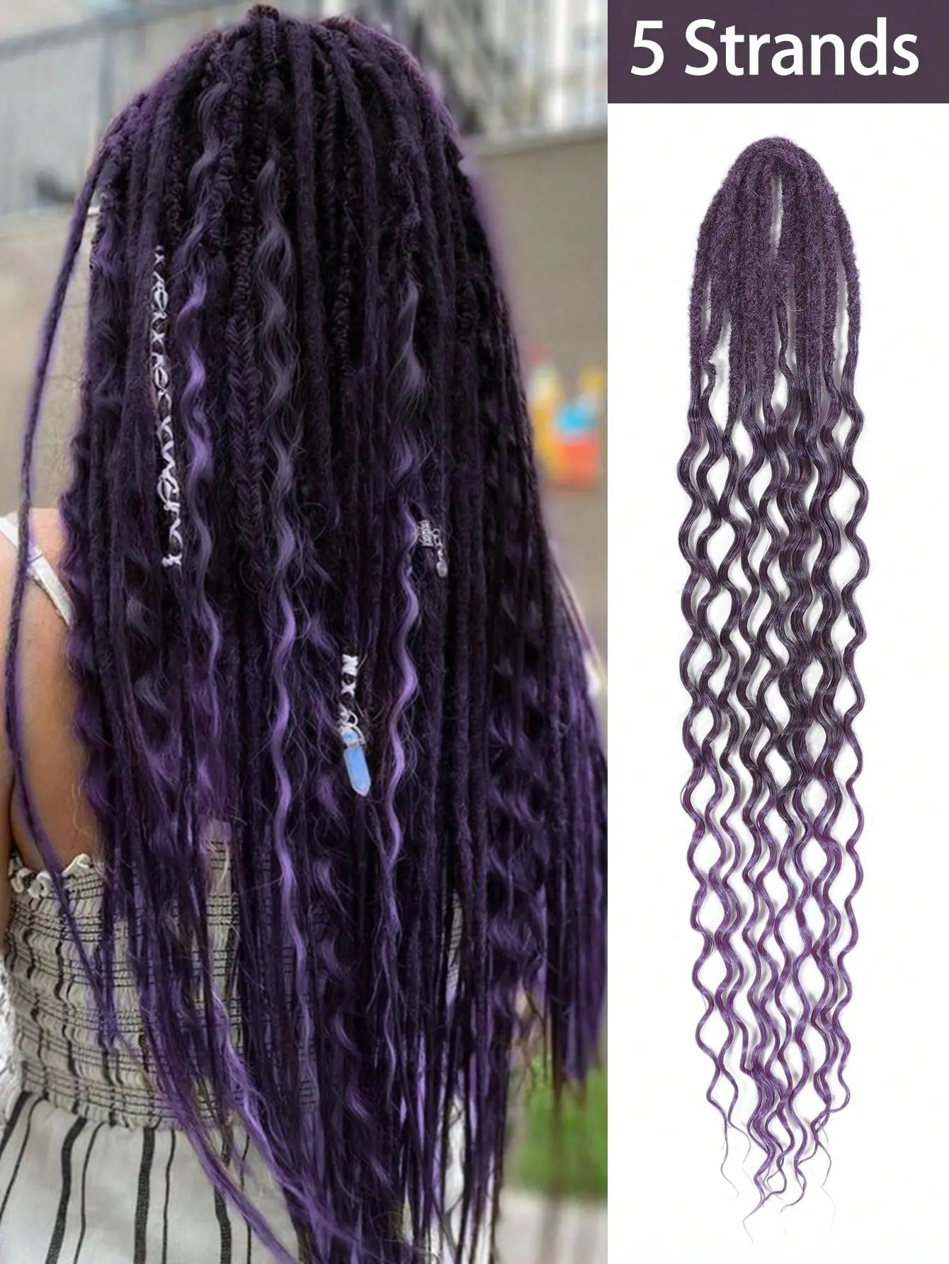 24 Inch Wavy Dreadlocks Synthetic Curly Ends Double Ended Dreadlock Extensions, 5 Strands Synthetic Dreads Extensions Straight Curly Boho Hand 6400