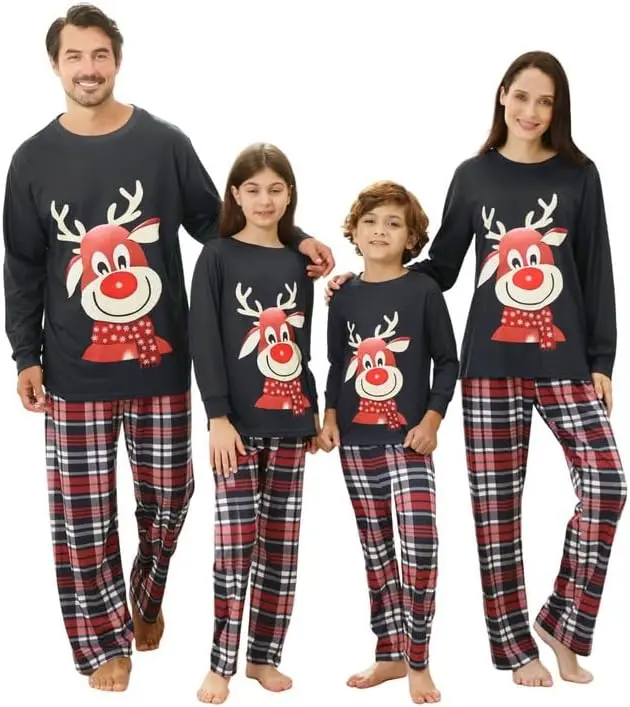 Matching Christmas Pyjamas-Family Christmas Pyjamas Set,Cotton Christmas Pjs Family Set with Elk,Plaid Xmas Pyjama Bottom,Christmas Pajamas for Women Men Adult Kids Couples
