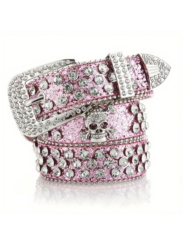 Sparkling Rhinestone Skull Belt, Hip Hop Punk Black Wide Belt, Unisex Rhinestone Rivet Belt, Punk Style Belt