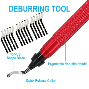 Premium Deburring Tool with 15 Pcs High Speed Steel Swivel Blades, Deburring Tool for Metal, Resin, PVC Pipes, Plastic, Aluminum, Copper, Wood, 3D Printing Burr Removal Reamer Tool Red