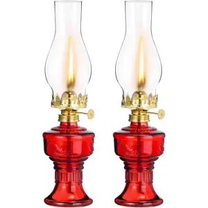 2 Pcs Chamber Oil Lamps for Indoor Use Vintage Kerosene Lamp Rustic Hurricane Kerosene Lantern with Adjustable Fire Wick Lighting Oil Lantern for Home Emergency Lighting, 13'' High(Red)