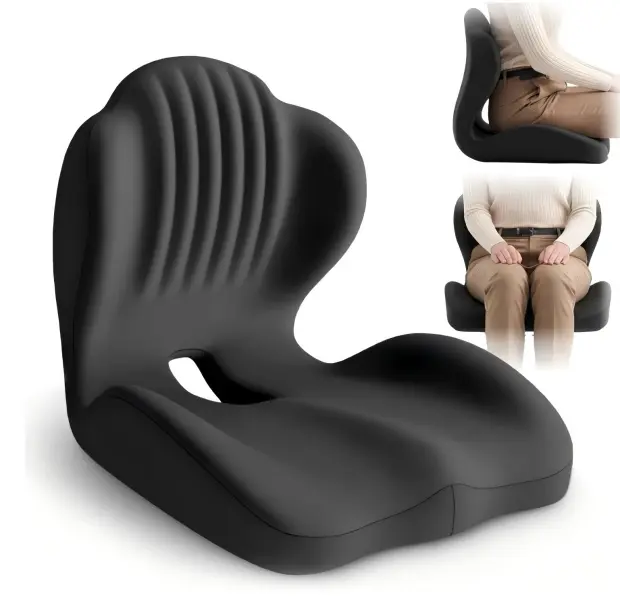 Ergonomic Memory Foam Seat Cushion, L-Shaped Integrated Lumbar Support Pillow with Coccyx Cutout, Non-Slip Base & Washable Cover, Portable Chair Pad for Office, Car, Truck, Gaming Chair, Wheelchair, Ideal Holiday Gift for Long Sitting