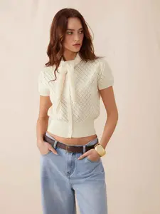 Cider Knit Pointelle Puff Sleeve Scarf Tie Cardigan