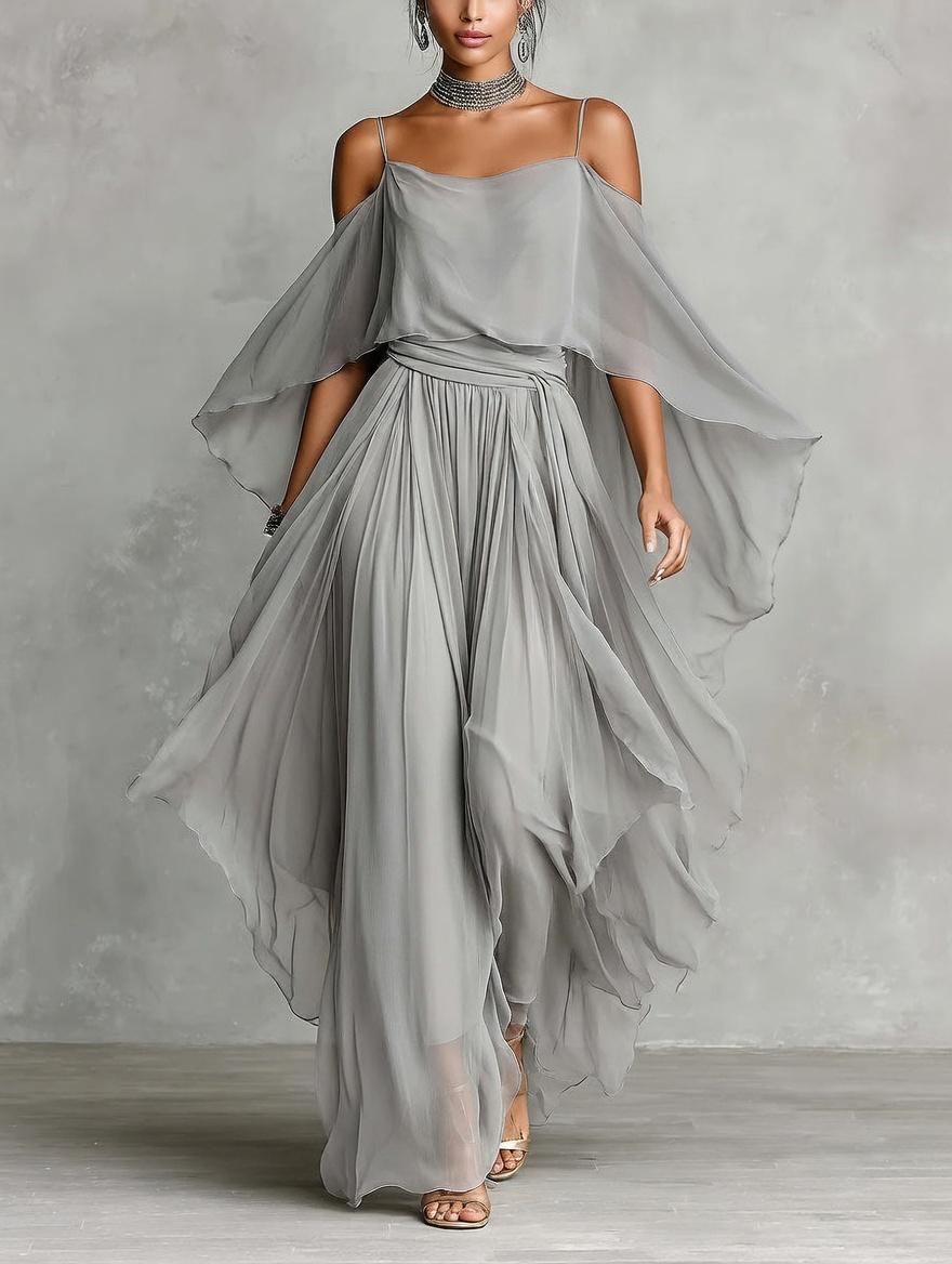 Women's Elegant 2 Piece Chiffon Pant Suit Set - Cold Shoulder Draped Top & Flowy Wide Leg Palazzo Pants Wedding Guest Outfit