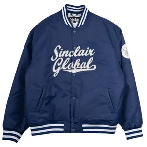 Sinclair Script Logo Satin Varsity Jacket Blue White