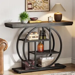 LustreC 41.3" Console Table, Industrial 4-Tier Sofa Table Entryway Table with Circle Base, Narrow Wood Accent Tables with Storage Shelves for Living Room, Hallway, Foyer, Charcoal Black