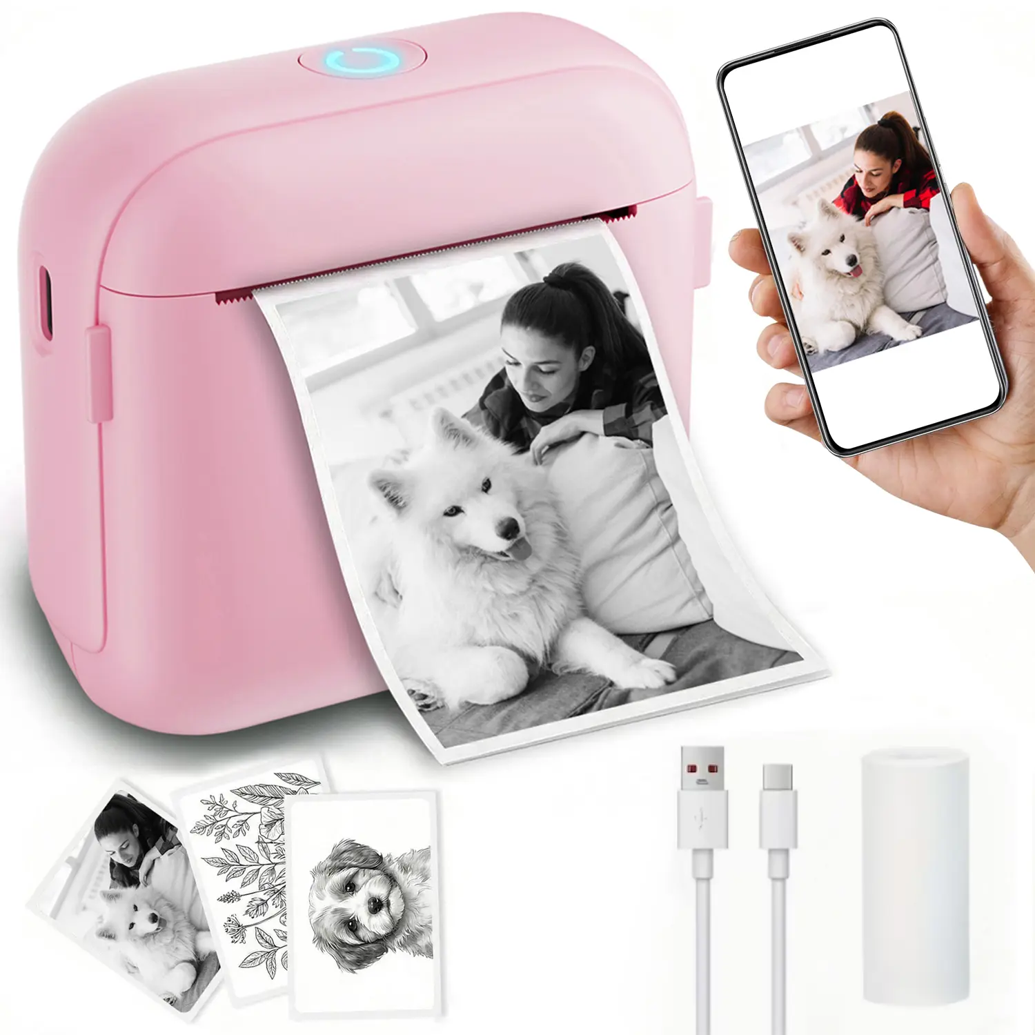 Mini Portable Thermal Printer Inkless Bluetooth, with 1 Rolls Paper