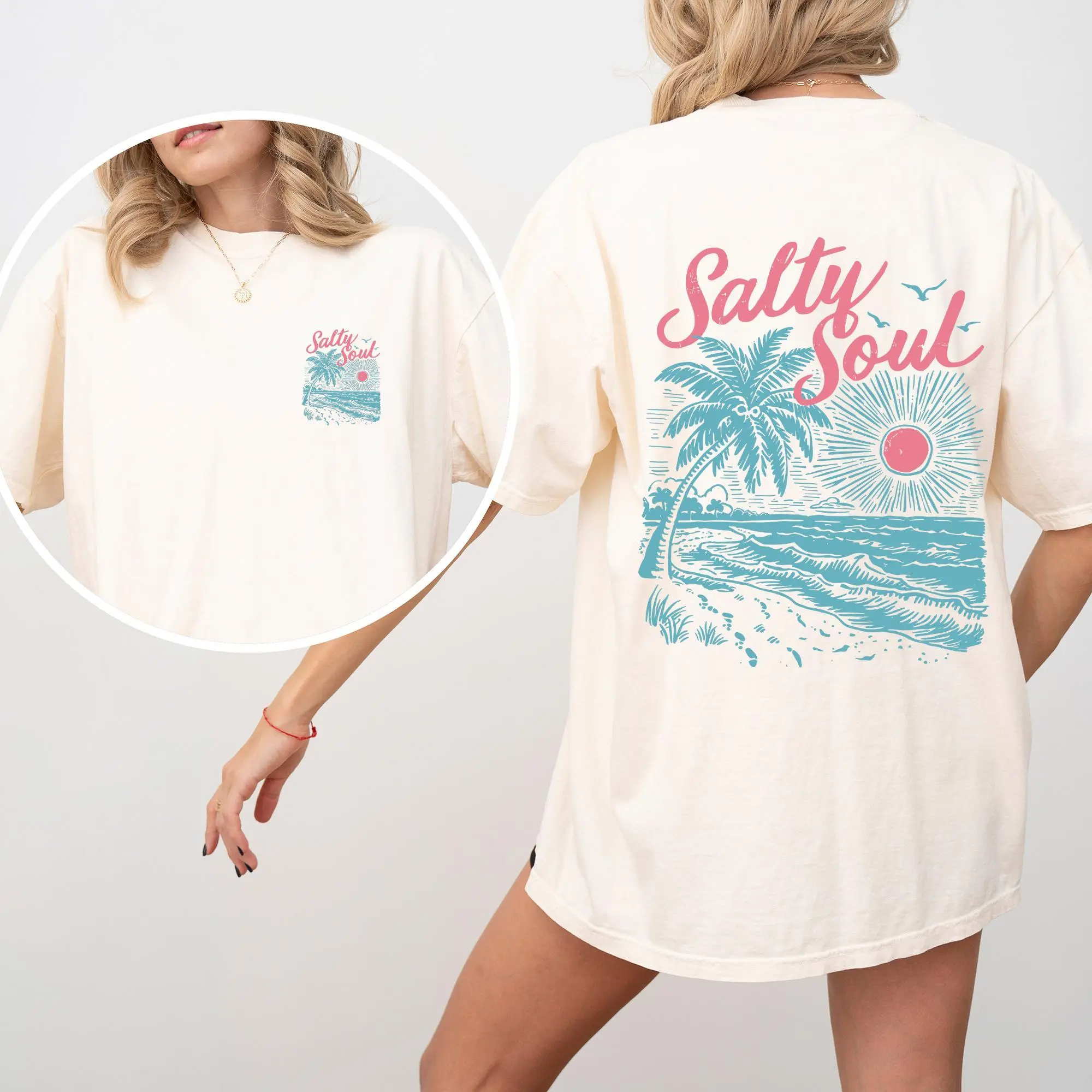 Women's Comfort Colors Cotton Loose Casual T-Shirt - Beach Sunset Palm Trees Print, Front & Back Design, Sporty Chic Summer Sports Top, Fashion Plus Size (2XL), Relaxed Fit, Machine Washable, Beachwear, Streetwear