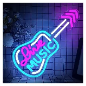 Sign Illuminated "Live Music" Neon Sign Guitar Shape For Wall Decor Dimmable Lights USB Powered For Bedroom Bar Party Illuminated 42cm×19cm Sign Lamp