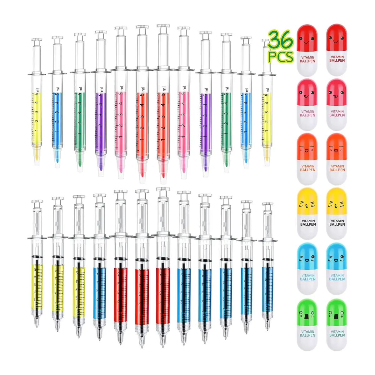 36 Pack Syringe Pens, Pill Pens & Syringe Highlighters, Novelty School Supplies