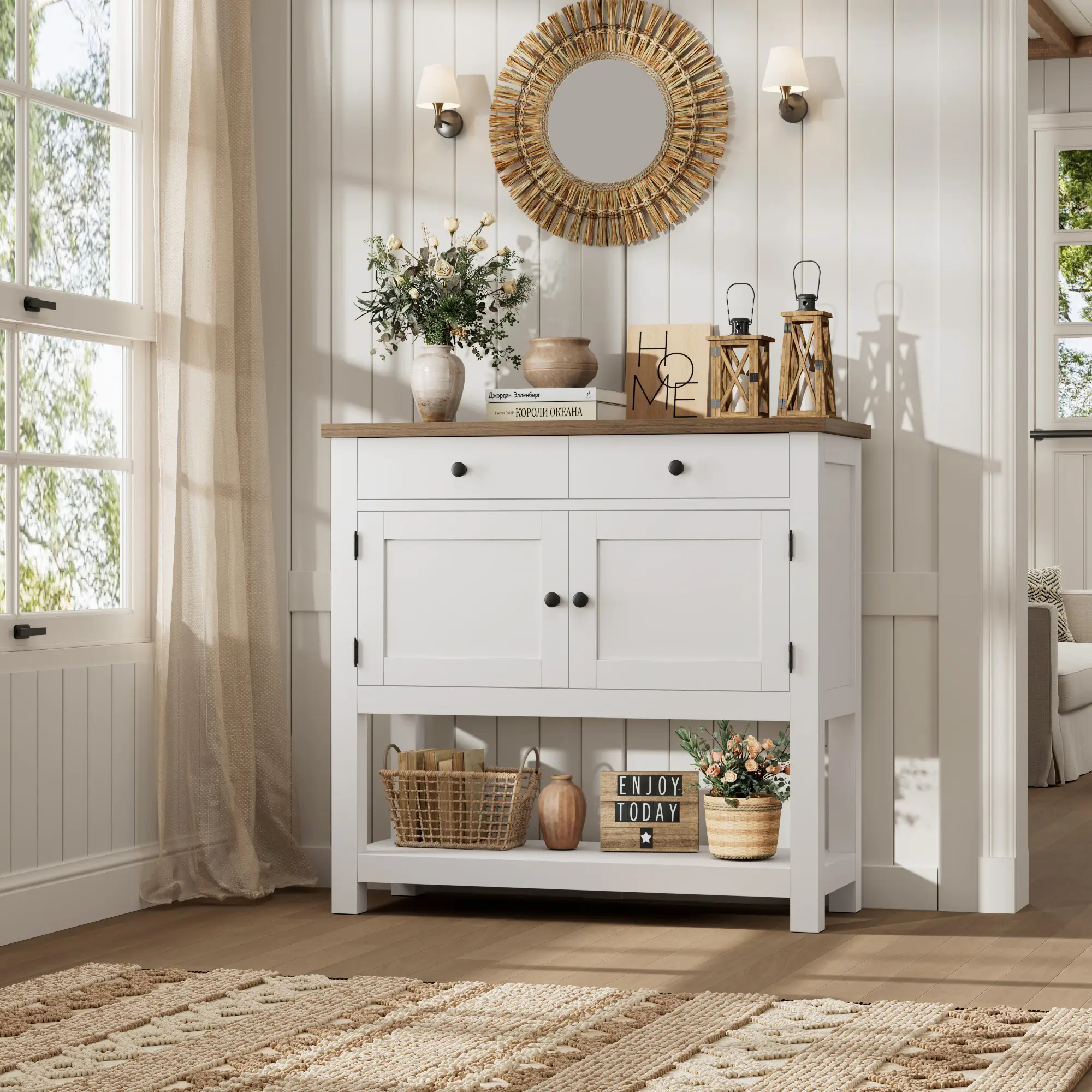 HOSTACK Farmhouse Console Table with Storage, 2-Door Cabinet, 2 Drawers and Open Shelf, Sideboard Cabinet for Entryway, Living Room and Coffee Bar, Christmas Gifts
