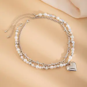 Fashionable Heart-shaped Alloy Pendant Necklace, Paired with Imitation Pearl Bead Design, Multi-layer Collarbone Chain, Versatile Style Suitable for Various Occasions, Enhancing Your Unique Charm and Elegant Temperament