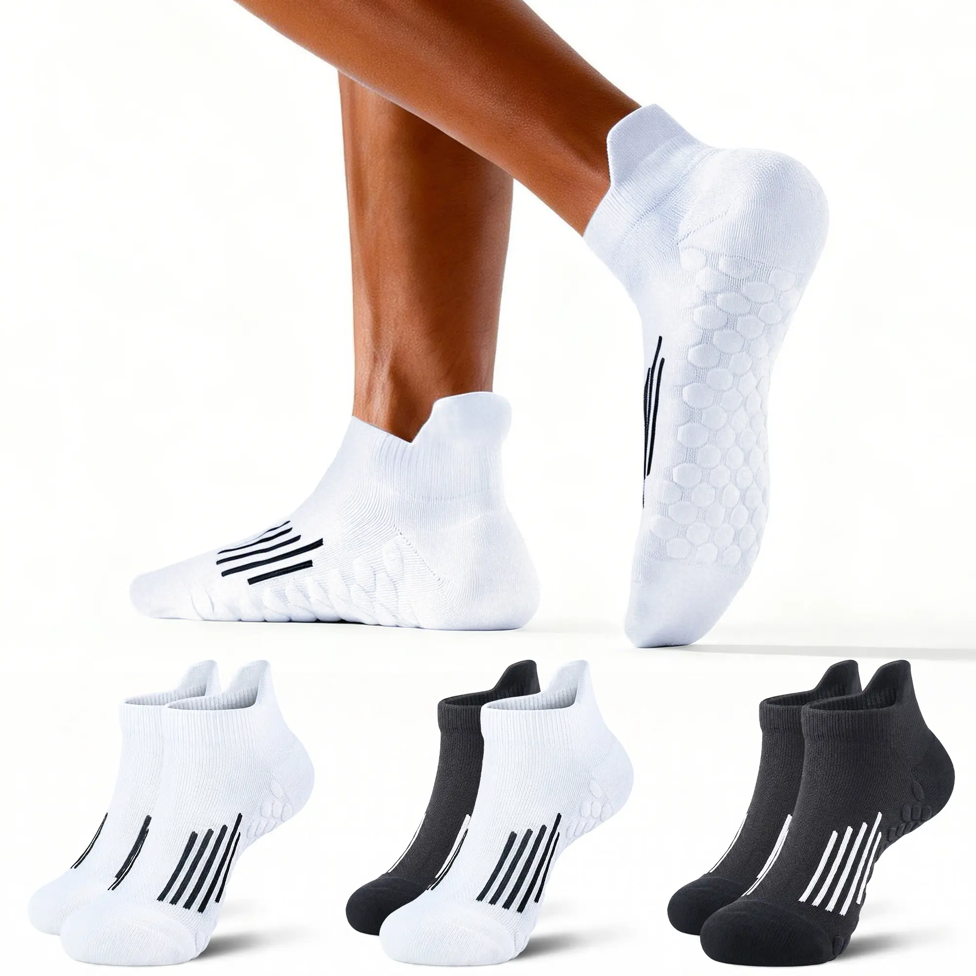 Men's Multicolor Athletic Ankle Socks 6-Pack (3 Black, 3 White) - Thin Summer High-Performance Socks, Absorbent, Moisture-Wicking, Anti-Slip, Shock-Absorbing, Ankle Support, Arch Compression, Breathable, for Basketball, Running, Size 9-12, Multicolor Athl