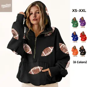 YeeZaa Sparkly Sequin Football Hoodie Womenswear TikTokShopBlackFriday | Rugby Team Patches Design | Half Zip Up Long Sleeve Hooded Sweatshirt Top Pullover with Pocket