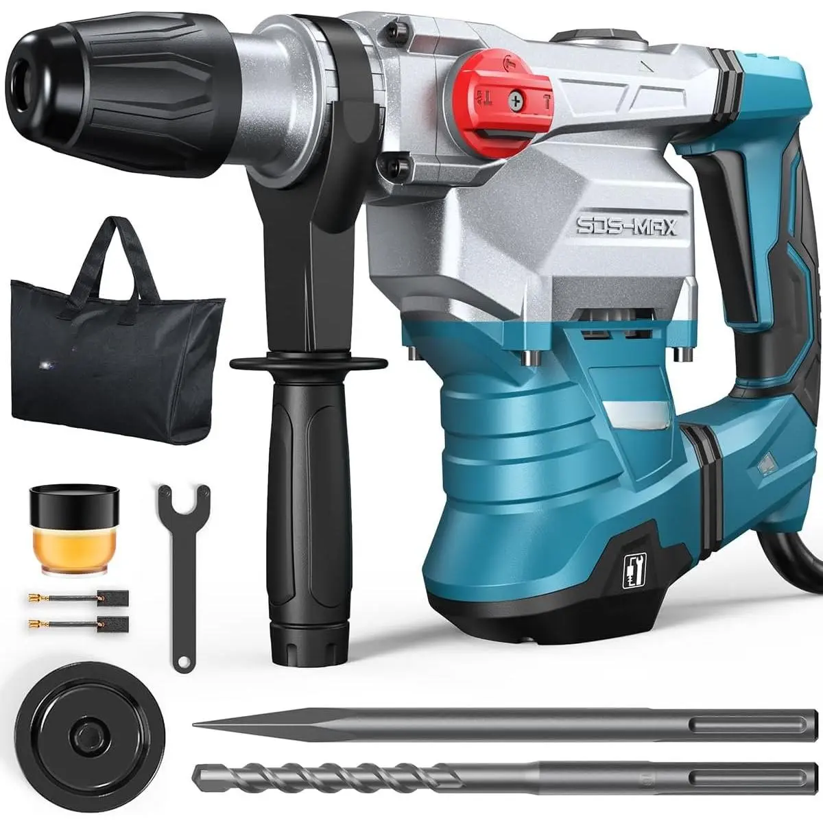 SDS-Max Heavy-Duty Rotary Hammer Drill 9 Ft.lbs, 3 Functions with Safety Clutch & Vibration Control 1-9/16" Drilling Capacity in Concrete- Includes Chisel, Drill Bit, and Tool Bag