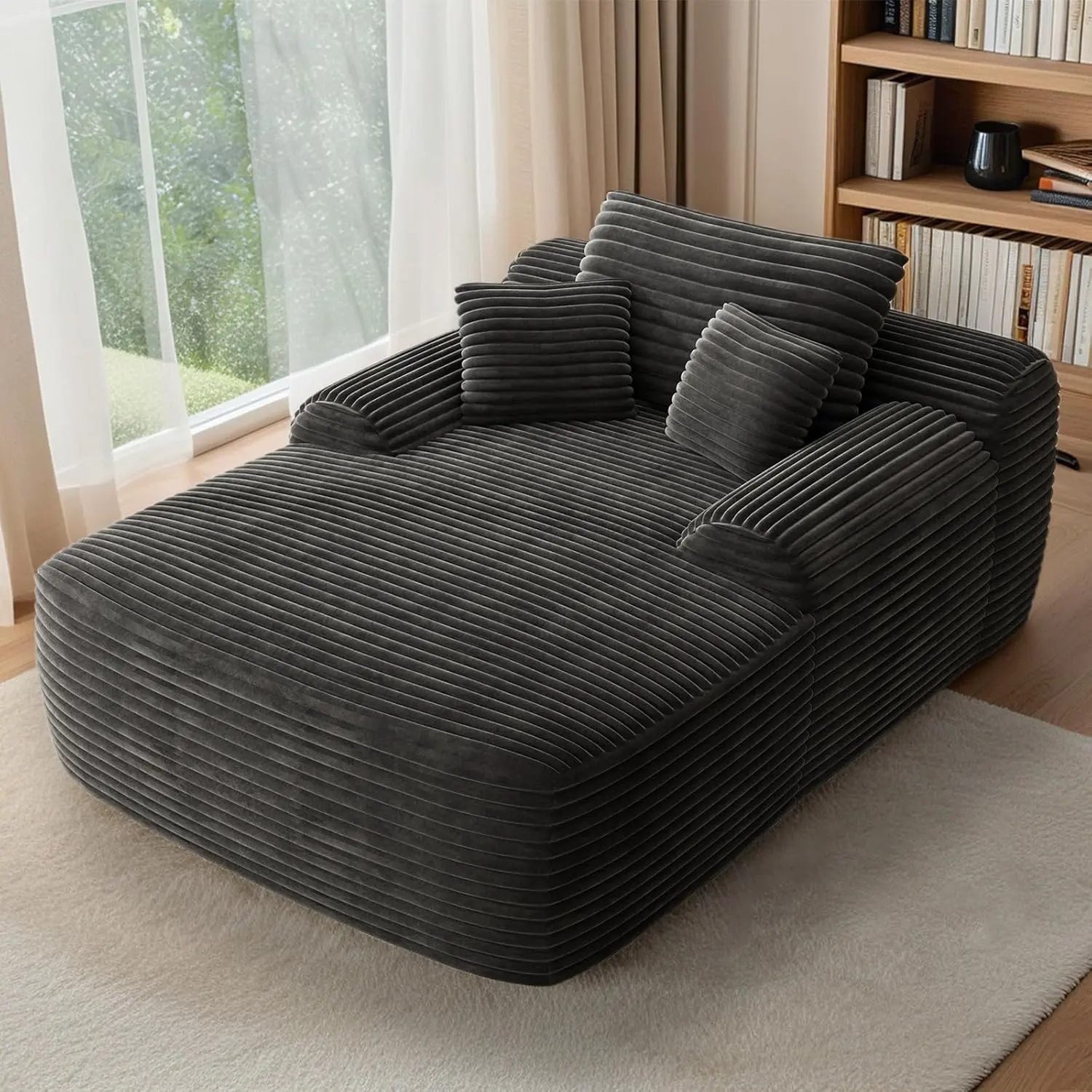 65'' Deep Chaise Convertable Sofa Bed, Plush Corduroy Cloud Chair for Bedroom, Study, Children, Fluffy Oversized Boneless Reading Chair, Comfy No-Assembly Indoor Furniture, Grey