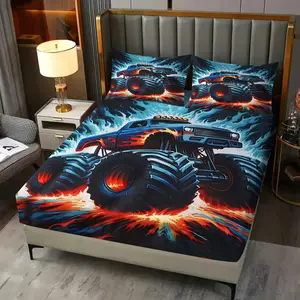 3pcs 100% Polyester / Monster Truck Adventure Bedding / Flame Decal & Lava Design / Boys Room Fitted Sheet Set / Soft Microfiber / Breathable & Machine Washable / Bedroom Decor / One Bed Sheet + Two Pillowcases [Do Not Contain Fillings]