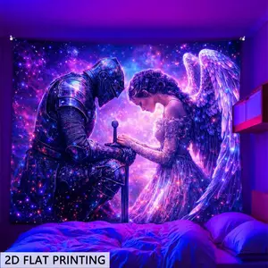 2d Flat, 2d Flat Blacklight Glow in The Dark Tapestry, Neon Angels and Knights Design, Wall Hanging for Bedrooms, Living Rooms, and Offices. Game Room Decor, Festive and Party Decor, College Dorm Decor, 2d Flat