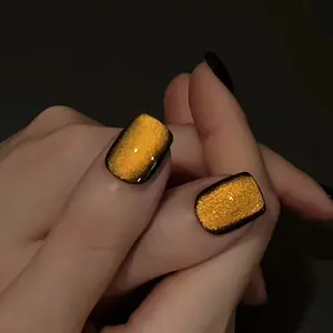 24pcs Press-On Short Fake Nails Gradient Crystal Cat Eye Glossy Nail Tips Art + Jelly Glue + File Stick for Women Daily Wear Nail Art Diy Christmas Gift