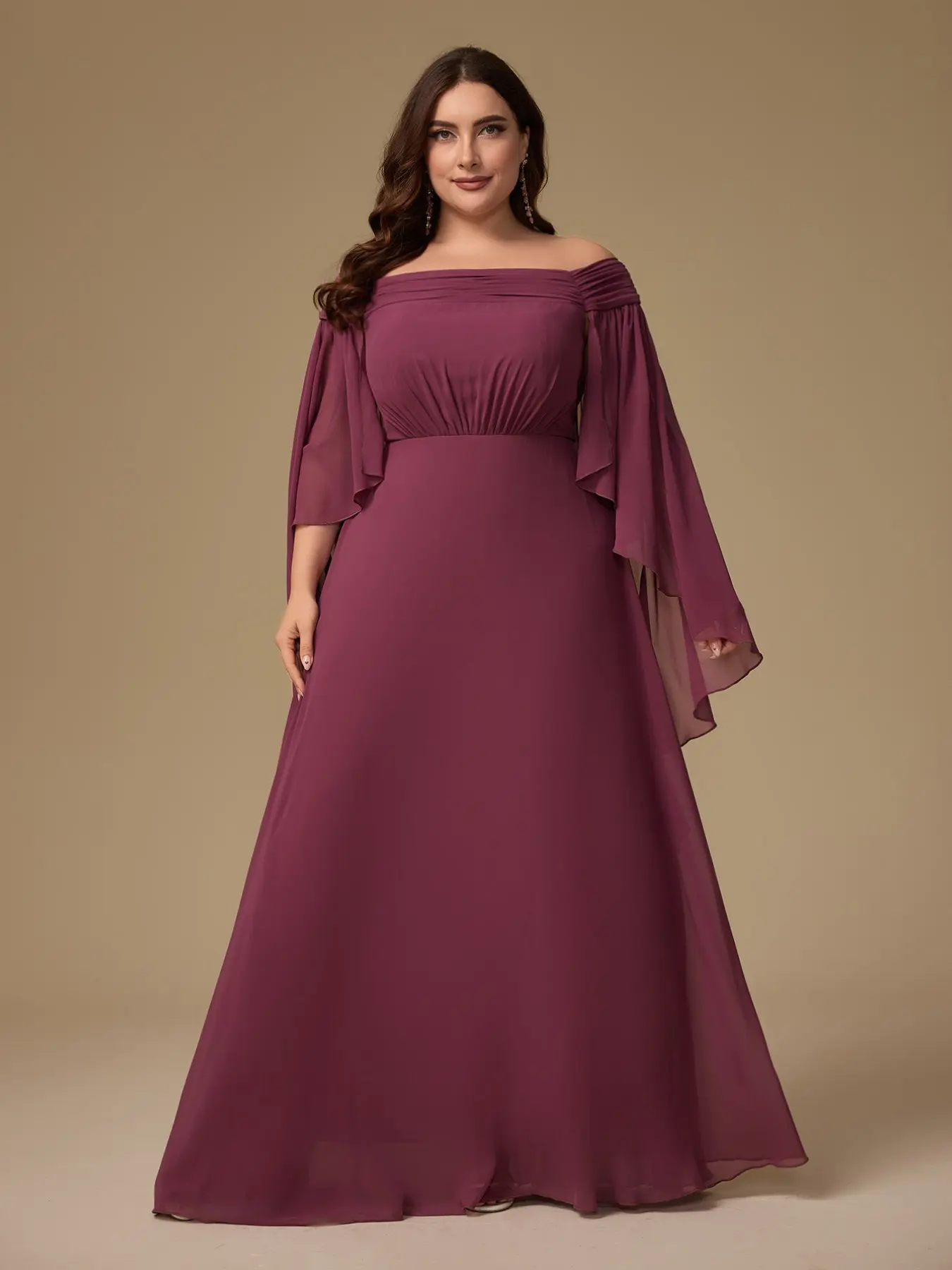 Elegant Feminine Soft Chiffon Bridesmaid Womenswear Dress with Ruffled One-Shoulder Neckline, Long Flowy Maxi Skirt, Adjustable Waist Tie, Lace Sleeves, Perfect for Weddings