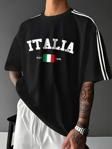 1 Piece Men's Italia Graphic T-Shirt, Vintage 1946 Italian Flag Print with Stripe Sleeve Detail, Soccer Fan Jersey & Patriotic Streetwear for Game Day and Travel