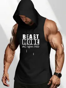 Men's Beast Mode Activated Hooded Sleeveless Vest, Gym Training Tank Top, Slim Fit Muscle Cut, Breathable Quick Dry Fabric