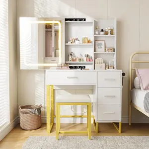 White Vanity Desk with Mirror and Lights, Makeup Vanity Desk with Sliding LED Lighted Mirror, Power Outlet, Makeup Vanity Set with 4 Drawers, Storage Shelves, Cushioned Stool for Bedroom