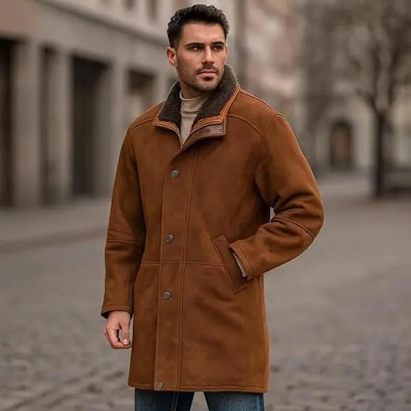 Men’s Brown Suede Long Coat | Sheriff Style Leather Jacket | Inspired by Walt Longmire | Vintage Cowboy Western Look | Classic Winter Outfit