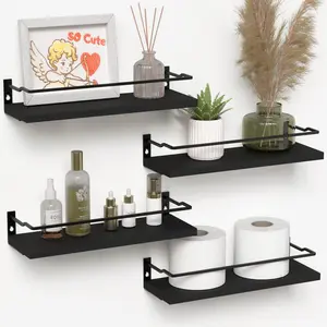 Bathroom Floating Shelves with Guardrail, Set of 4 Wall Mounted Small Storage Bathroom Shelves, Rustic Bathroom Shelves Over Toilet, Wall Shelves for Kitchen Living Room Bedroom - Black- Carbonized Black-White