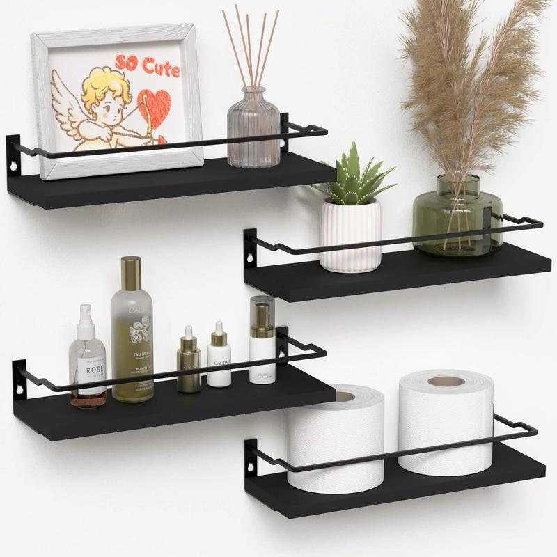 Bathroom Floating Shelves with Guardrail, Set of 4 Wall Mounted Small Storage Bathroom Shelves, Rustic Bathroom Shelves Over Toilet, Wall Shelves for Kitchen Living Room Bedroom - Black- Carbonized Black-White