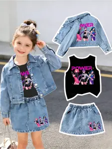 Anime Girl Power Set, Comfortable Fit Short Denim Jacket, Sleeveless Vest, High Waist Skirt, Casual Daily Wear & Stage Performance