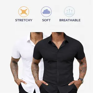 2-Pack AMZPURE Men's Stretch Slim Muscle Fit Short Sleeve Dress Shirts Casual Button-Down Style Perfect Menswear for Dad