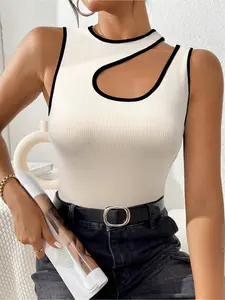 Women's Color Block Fitted Sleeveless Short Top - Asymmetrical Contrast Trim Neckline, Casual Basic & Versatile, Suitable for Work, Travel, Gatherings & Daily Casual Occasions