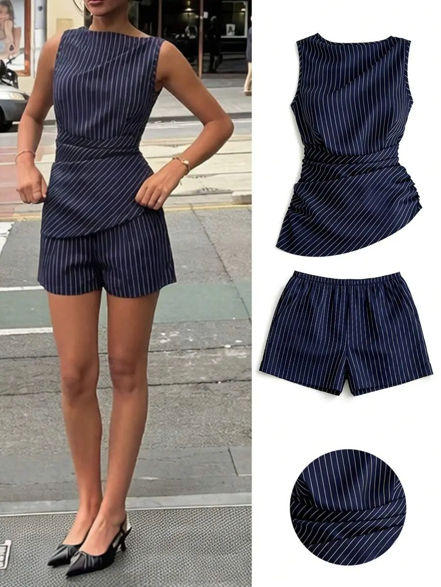 MONASWEET Women's Elegant Smart Casual Navy Blue Ruffle Top And Shorts 2-Piece Set, Summer Brunch Outfits, Asymmetrical Peplum Coords, Work Office Wear