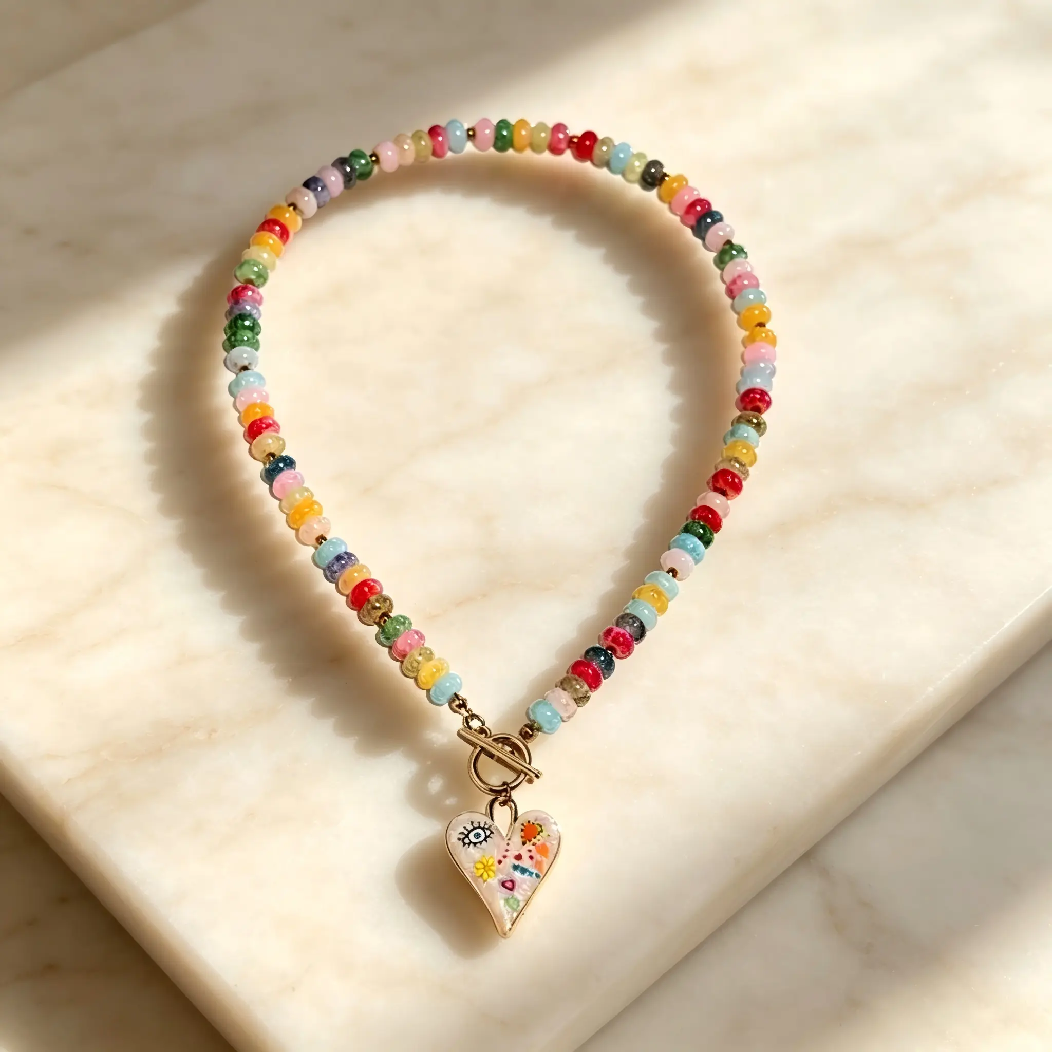 Women's Short Vintage Passion Heart Alloy Costume Necklace - Colorful Energy Design with Crackle Bead, Toggle Clasp, Casual Beach Jewelry, Affordable Gift for Couples