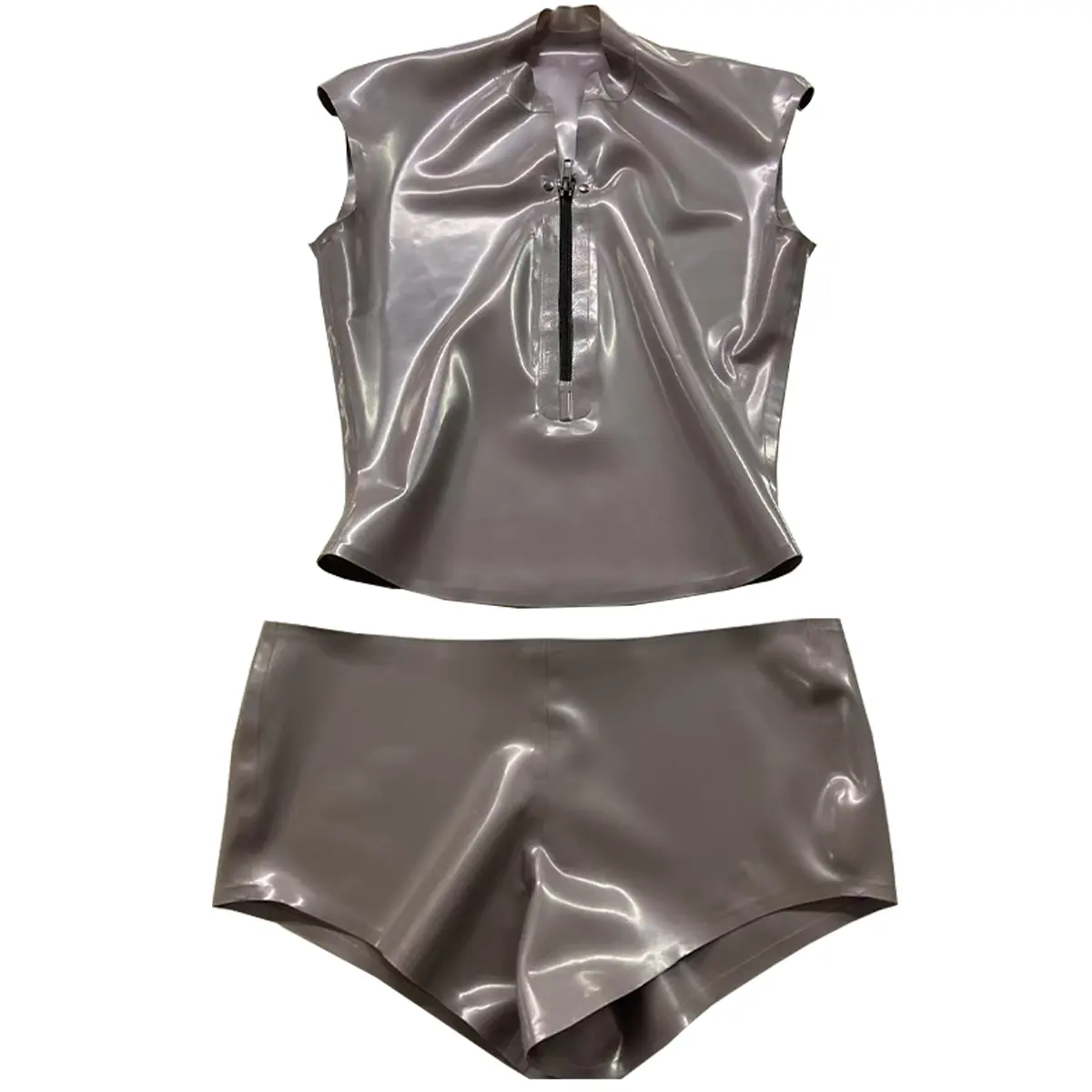 Eco-Friendly Natural Latex Clothing Set - Handmade Shorts and Sleeveless Latex Top with Front-Zip, Premium Glossy Latex Fashion Outfit, Stylish Bodycon Wear Yoga Outfit Set Womenswear
