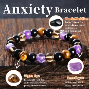 Stress relief, empathy protection Tiger's Eye Stone, Amethyst and Moonstone Chakra Natural Gemstone Bracelet Female Male Universal Gemstone beaded bracelet