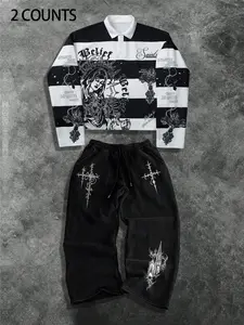 Street Casual Set, Polo Long Sleeve Striped Sweatshirt & Printed Pants Two-Piece Set, Loose-Fitting, Fall&winter, American Retro School Style