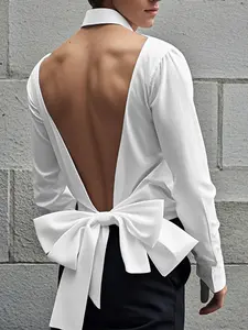 INCERUN Men's Fashion Design Shirt, Plain Solid Color Bow Tie Backless Long Sleeve Fabric Menswear Shirt, Casual For Daily Wear, Top